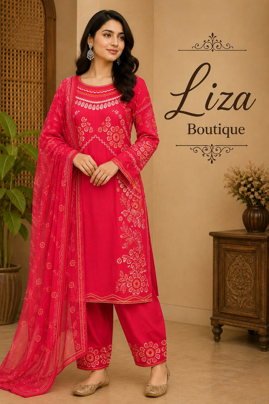 Ruby Pink Printed 3 Piece Lawn Suit – Liza Boutique