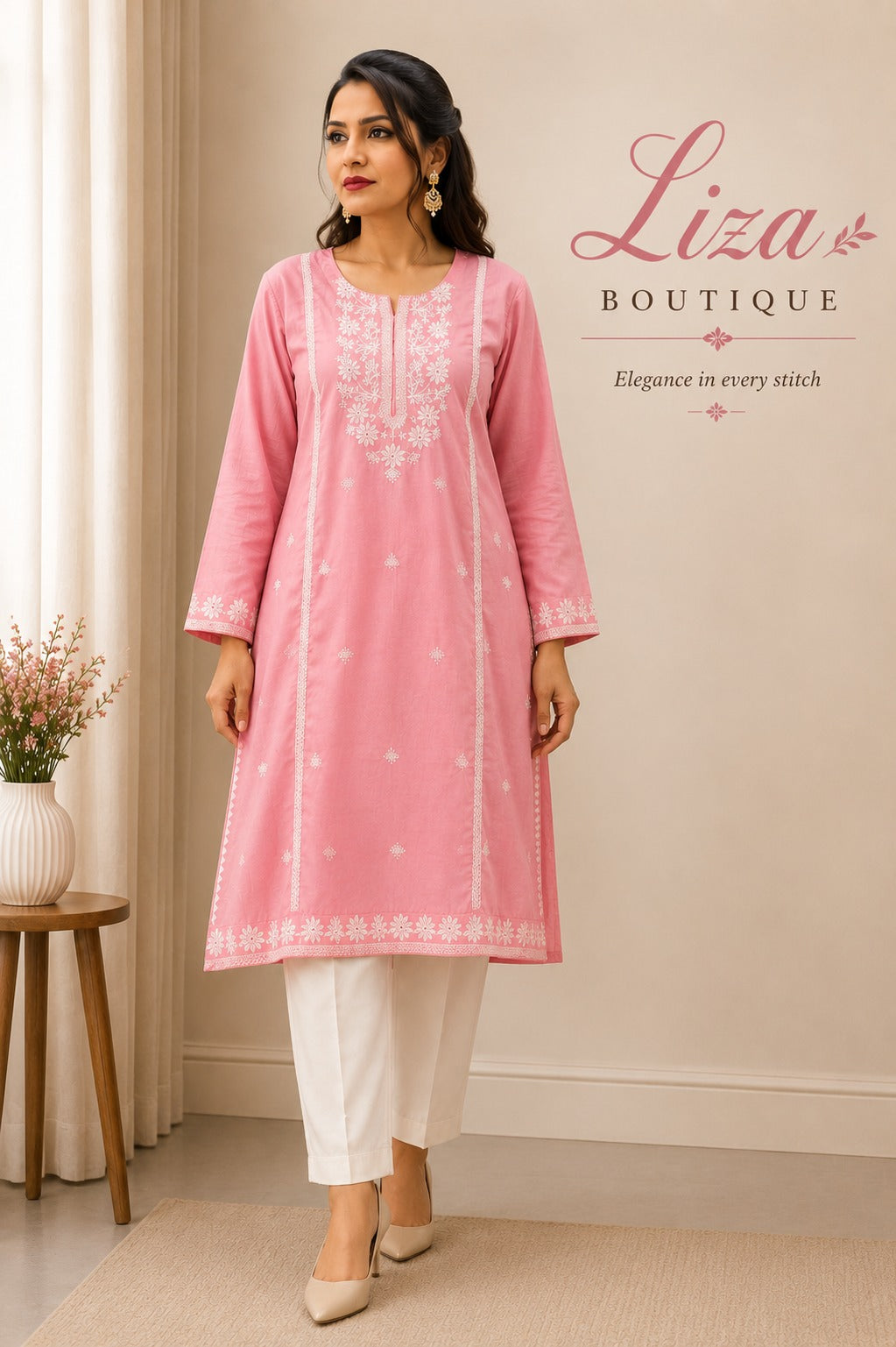 Pink Embroidered Kurti with White Trouser – Liza Boutique