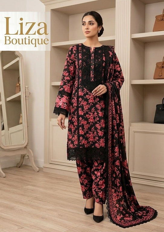 Black Floral 3 Piece Lawn Suit – Liza Boutique