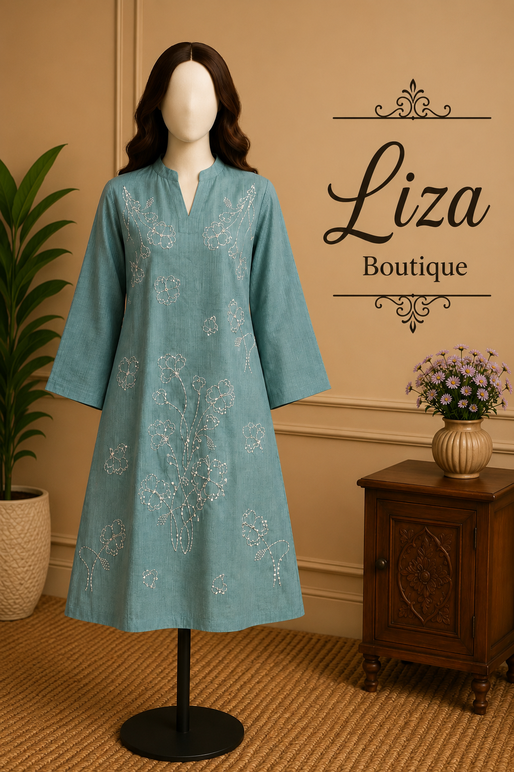 Dusty Blue Embroidered Kurti – Liza Boutique