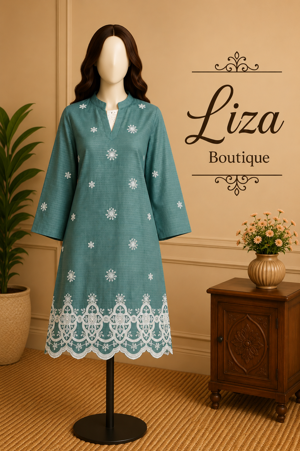 Sea Green Embroidered Kurti – Liza Boutique