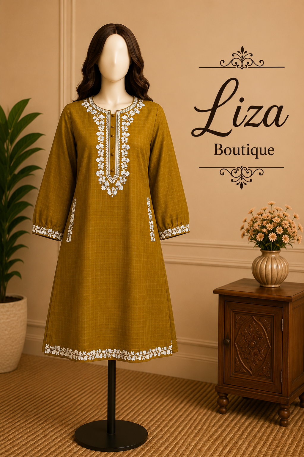 Mustard Yellow Embroidered Kurti – Liza Boutique