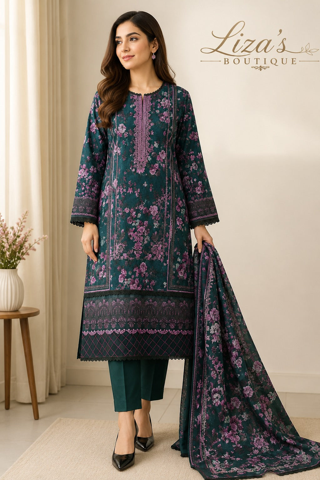 Emerald Green Floral 3 Piece Lawn Suit – Liza Boutique