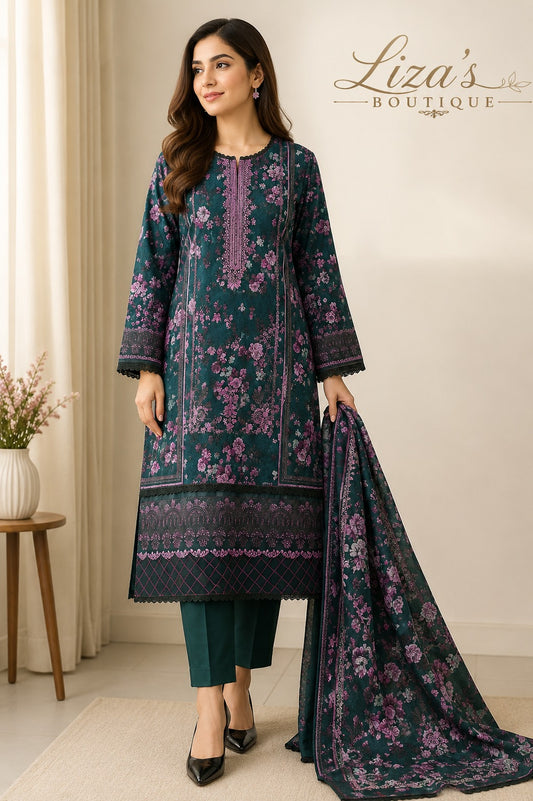 Emerald Green Floral 3 Piece Lawn Suit – Liza Boutique