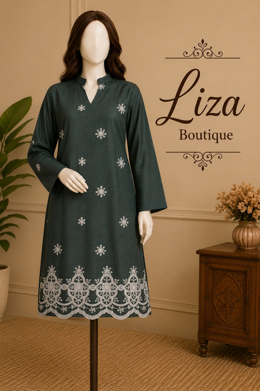 Dark Green Embroidered Kurti – Liza Boutique