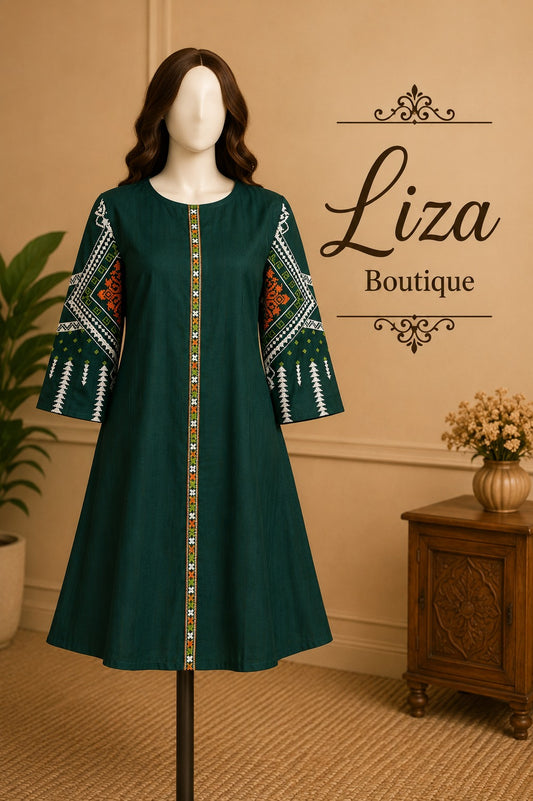 Dark Teal Embroidered A-Line Kurti – Liza Boutique