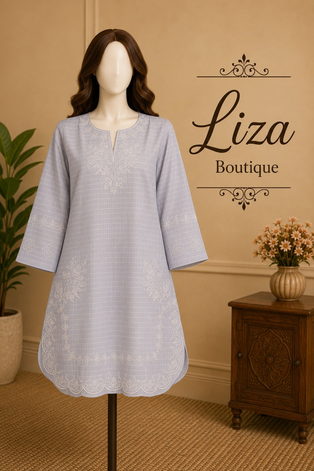 Ice Blue Embroidered Kurti – Liza Boutique