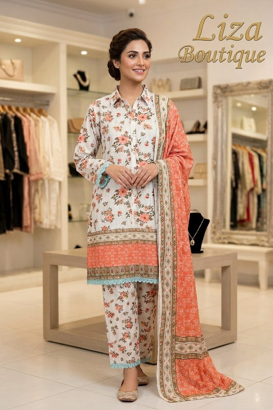 Floral Printed 3 Piece Lawn Suit – Peach & Ivory | Liza Boutique