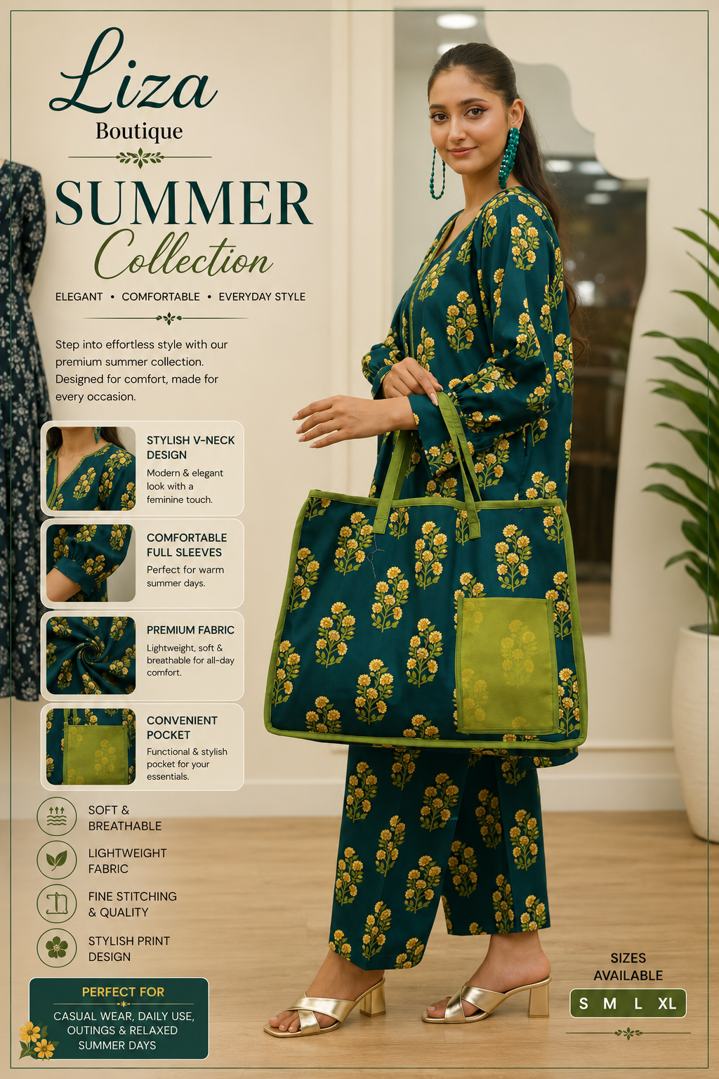 Mustard Green Printed Summer Co-Ord Set with Matching Tote Bag – Liza Boutique