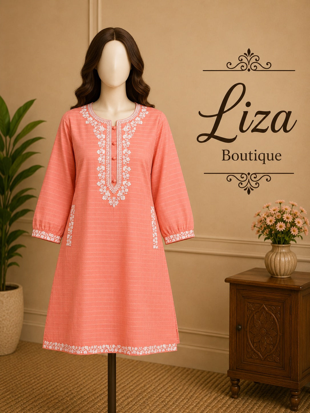 Coral Pink Embroidered Kurti – Liza Boutique
