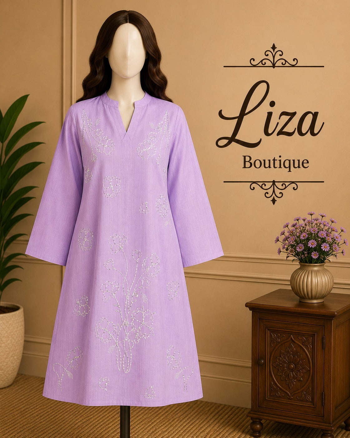 Lavender Embroidered Kurti – Liza Boutique