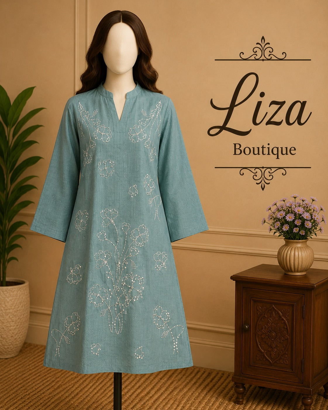 Dusty Blue Embroidered Kurti – Liza Boutique