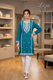 Teal Embroidered Kurti with White Trouser – Liza Boutique