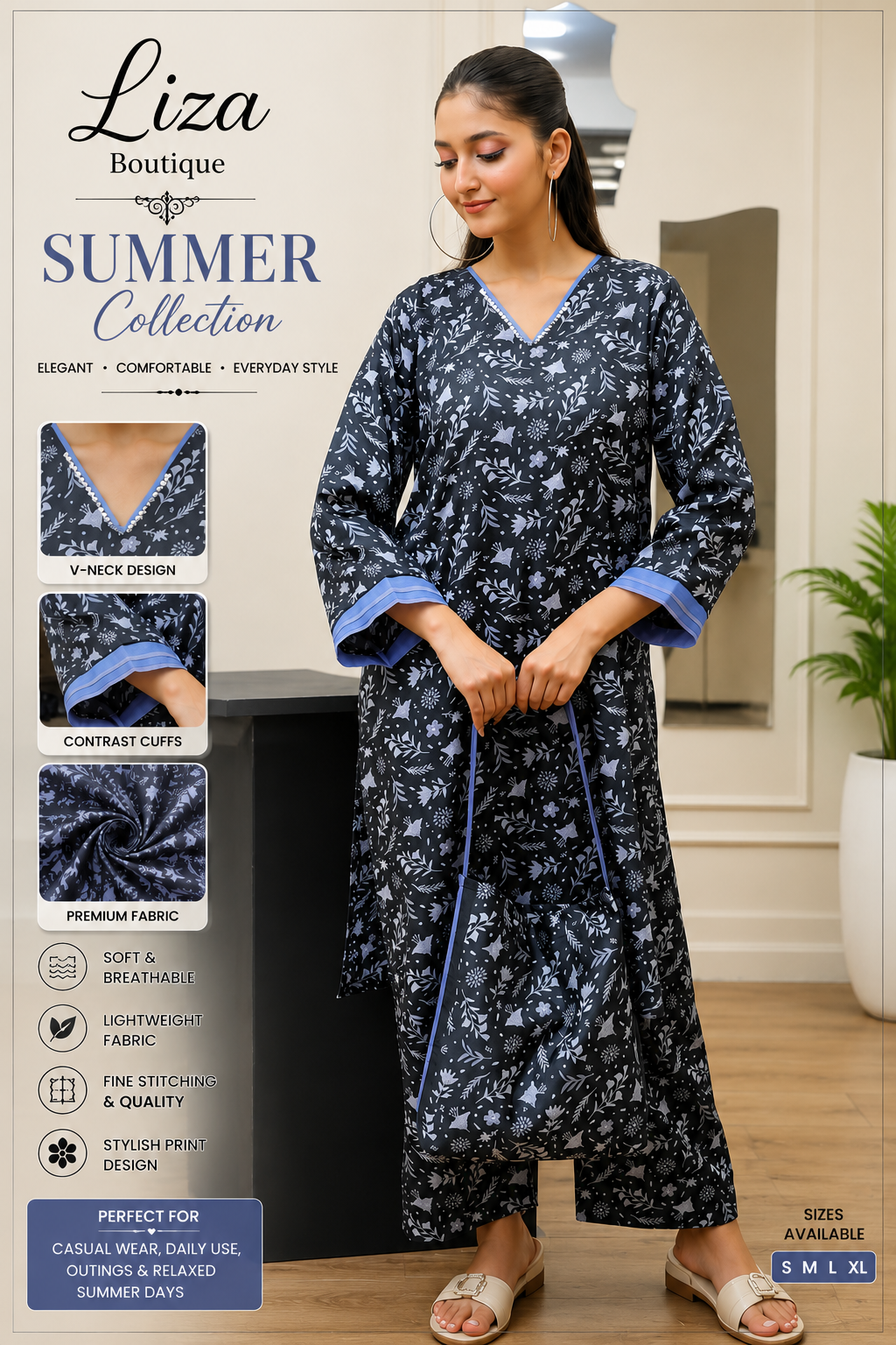 Dusty Blue Floral Printed Summer Co-Ord Set with Matching Tote Bag – Liza Boutique