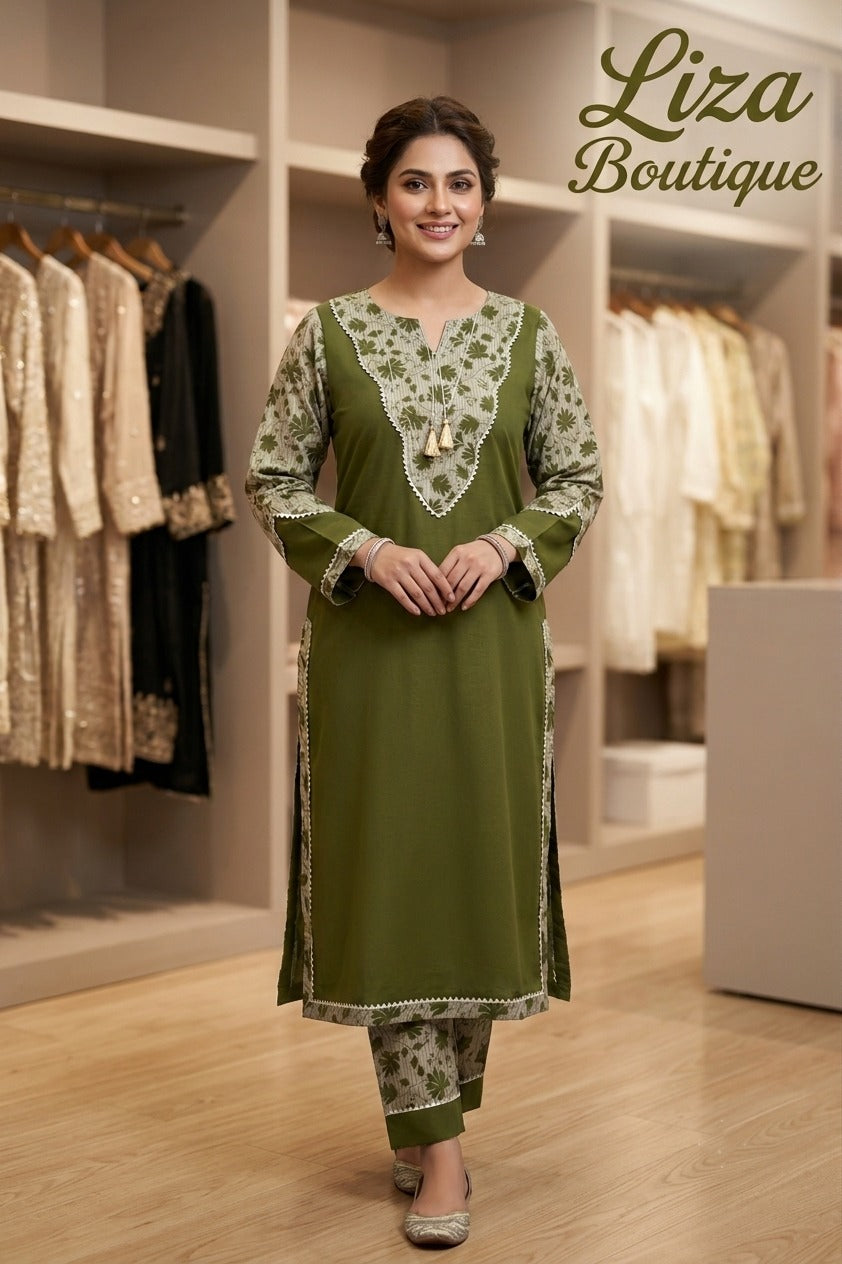 Olive Green Printed Kurti Set – Liza Boutique