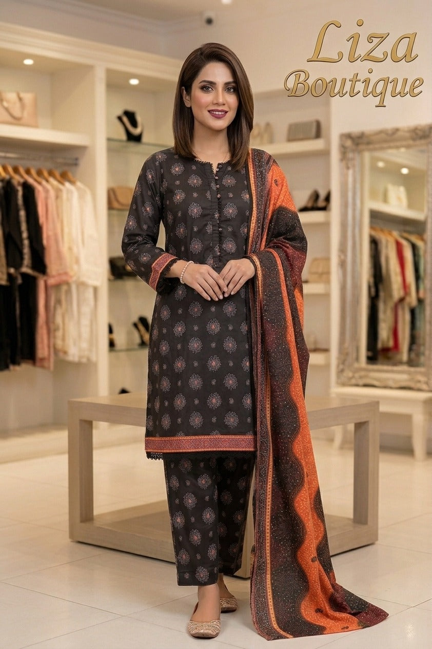 Charcoal Black Printed 3 Piece Suit – Liza Boutique