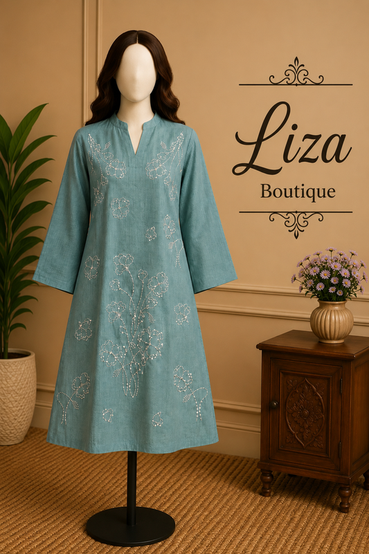 Dusty Blue Embroidered Kurti – Liza Boutique