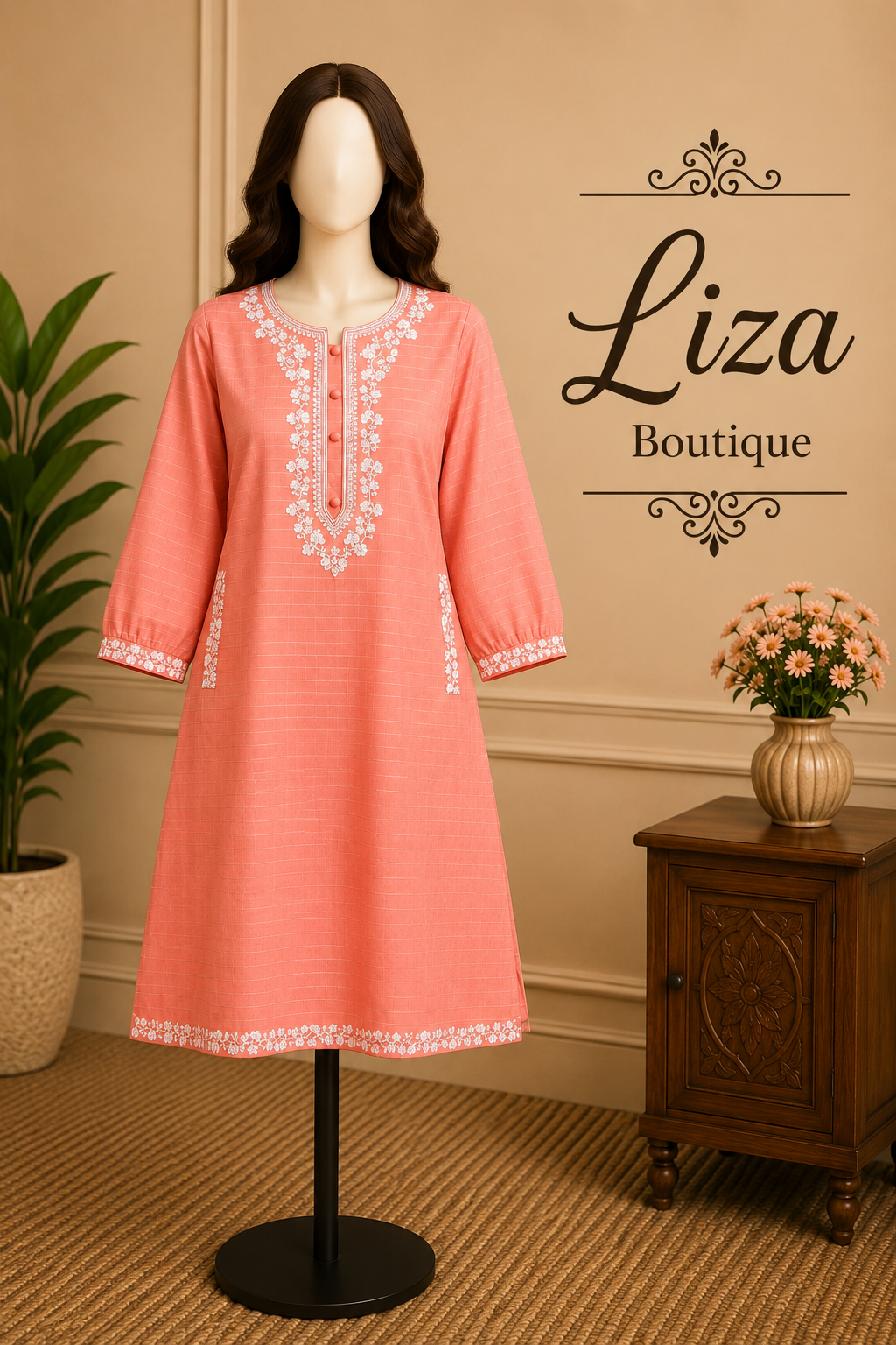 Coral Pink Embroidered Kurti – Liza Boutique